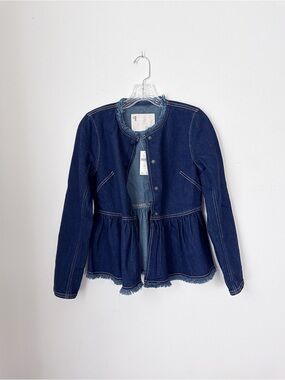 Anthropologie Dark Blue Denim Peplum Jacket with Frayed Hem - Pilcro XXS
